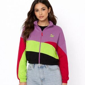 Puma Color Block Track Jacket Full Zip Purple Green Pink Size L Womens